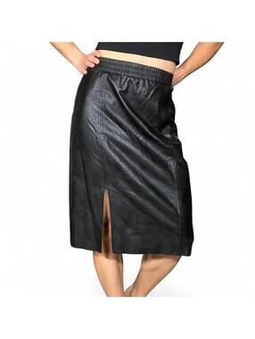 MINKPINK Black Faux Leather Midi Skirt with Front Slit